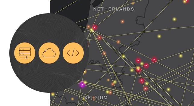 Une carte numérique grise des Pays-Bas et de la Belgique avec des points de données éparpillés et des lignes jaunes reliant des points sur la carte