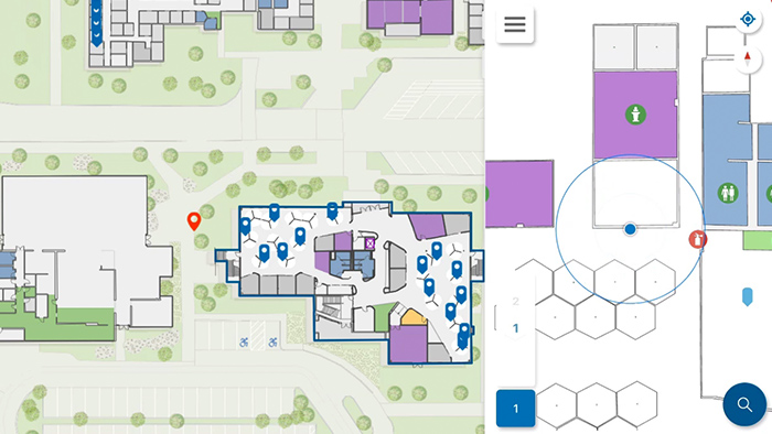 Arrière-plan bleu sur lequel apparaît le mot Esri et femme devant une table et quatre grands écrans d’ordinateur