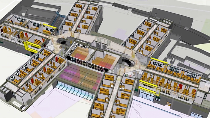 Carte numérique avec des routes blanches, des arbres verts et des points de données orange éparpillés
