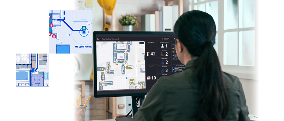 Femme regardant un ordinateur qui affiche un tableau de bord de suivi des ressources avec des extraits de plan de construction en encart