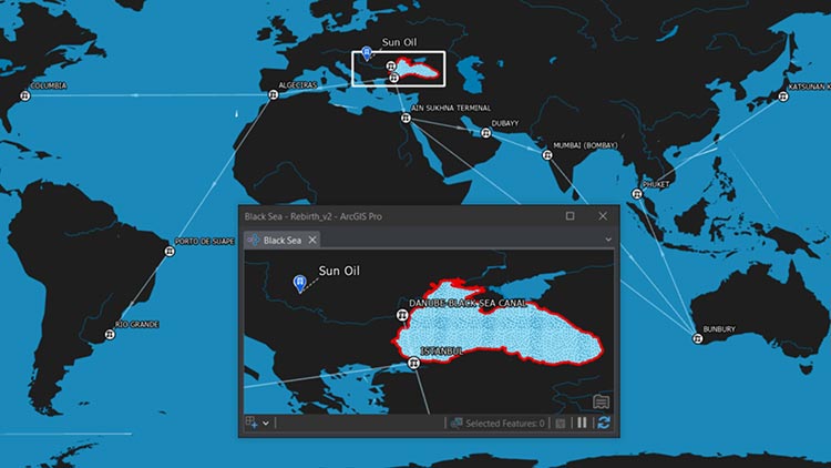 Carte noire et bleu foncé représentant les continents avec une zone en surbrillance en contours blancs et rouges, et un petit encart affichant les détails de la région sélectionnée