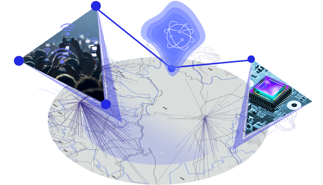 Conception de carte grise incluse dans un cercle plat avec des images et des icônes de foule, des composants d’ordinateur et un globe se connectant au-dessus de la carte