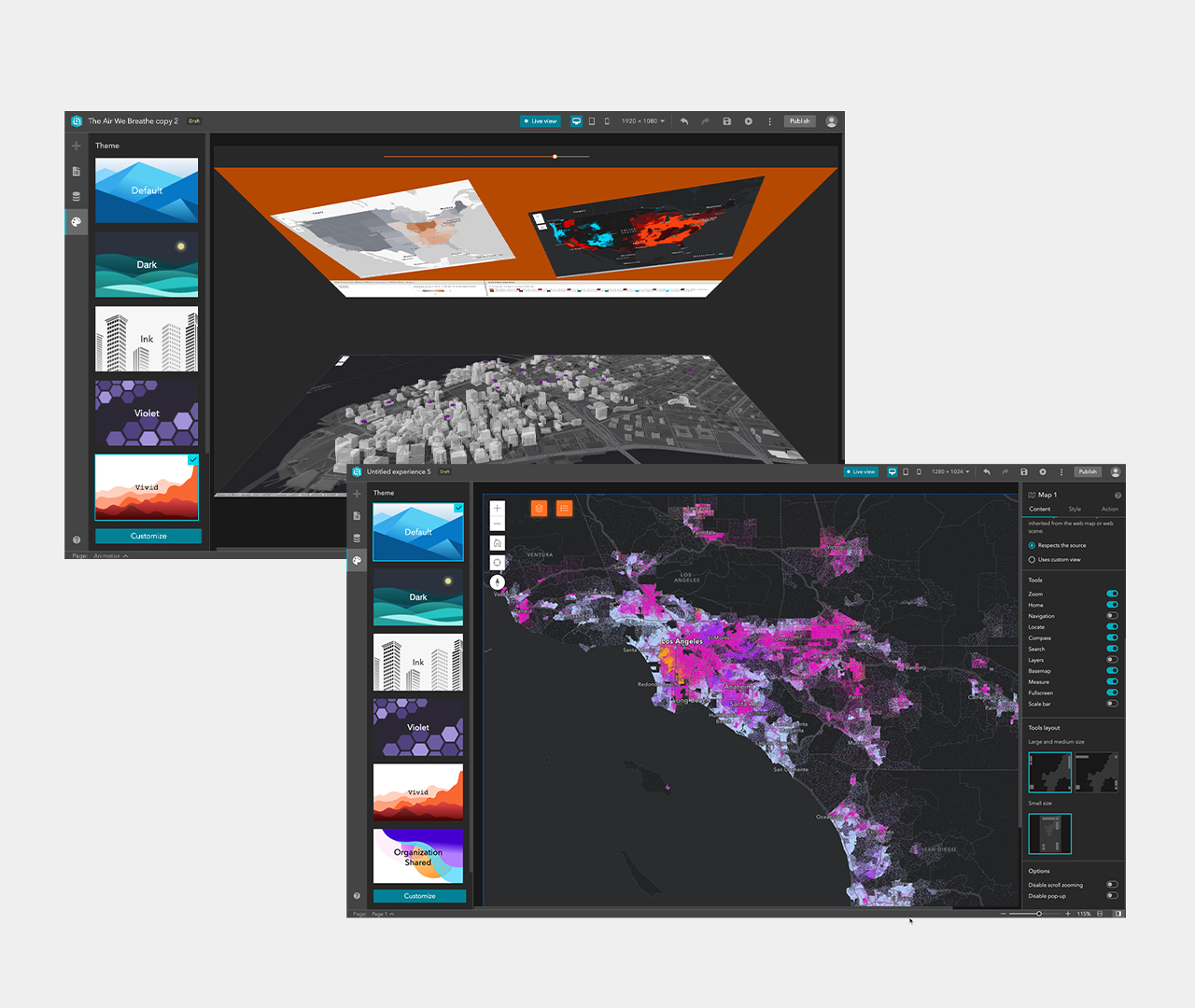 Image de Web Map Builder et d’Experience Builder sur deux écrans d’appareil