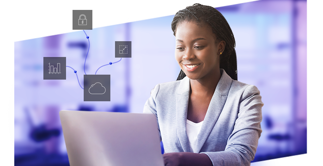 Professionnelle regardant un ordinateur portable avec des icônes connectées représentant un verrou, un nuage et un diagramme à barres