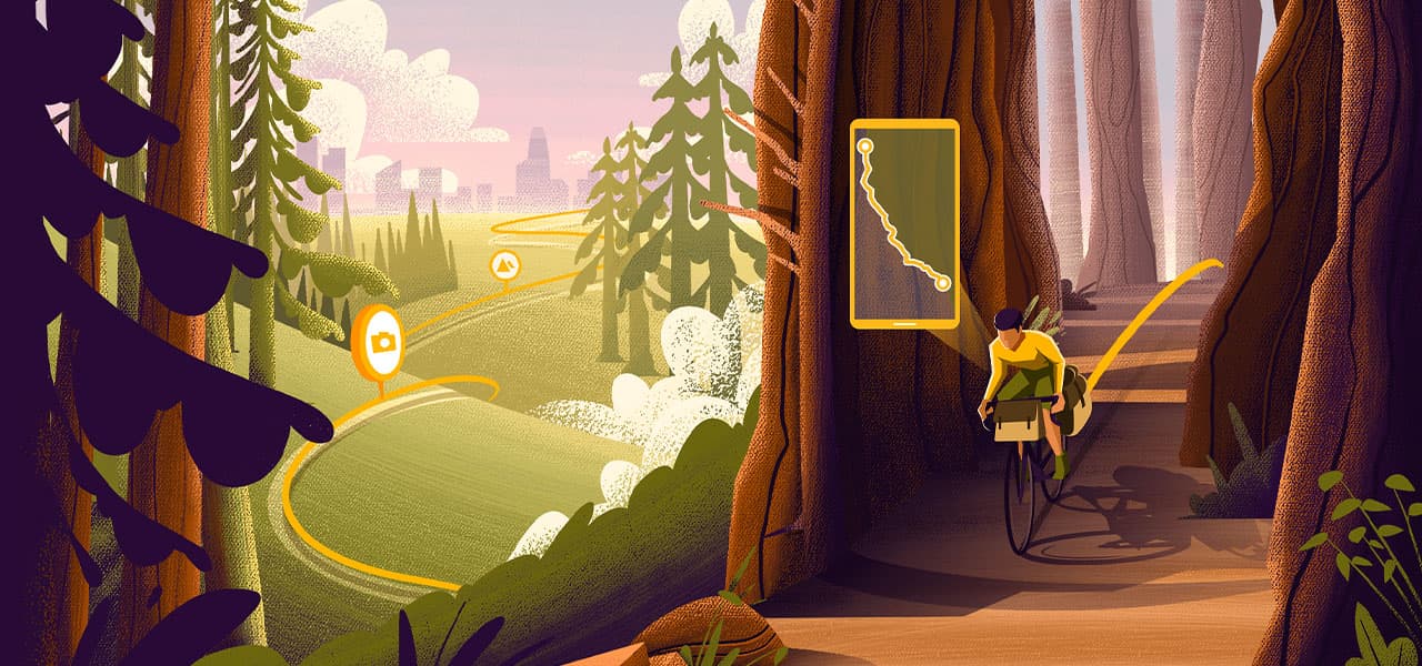 Image d’un cycliste quittant une ville pour rejoindre une forêt avec l’itinéraire à vélo mis en surbrillance en jaune