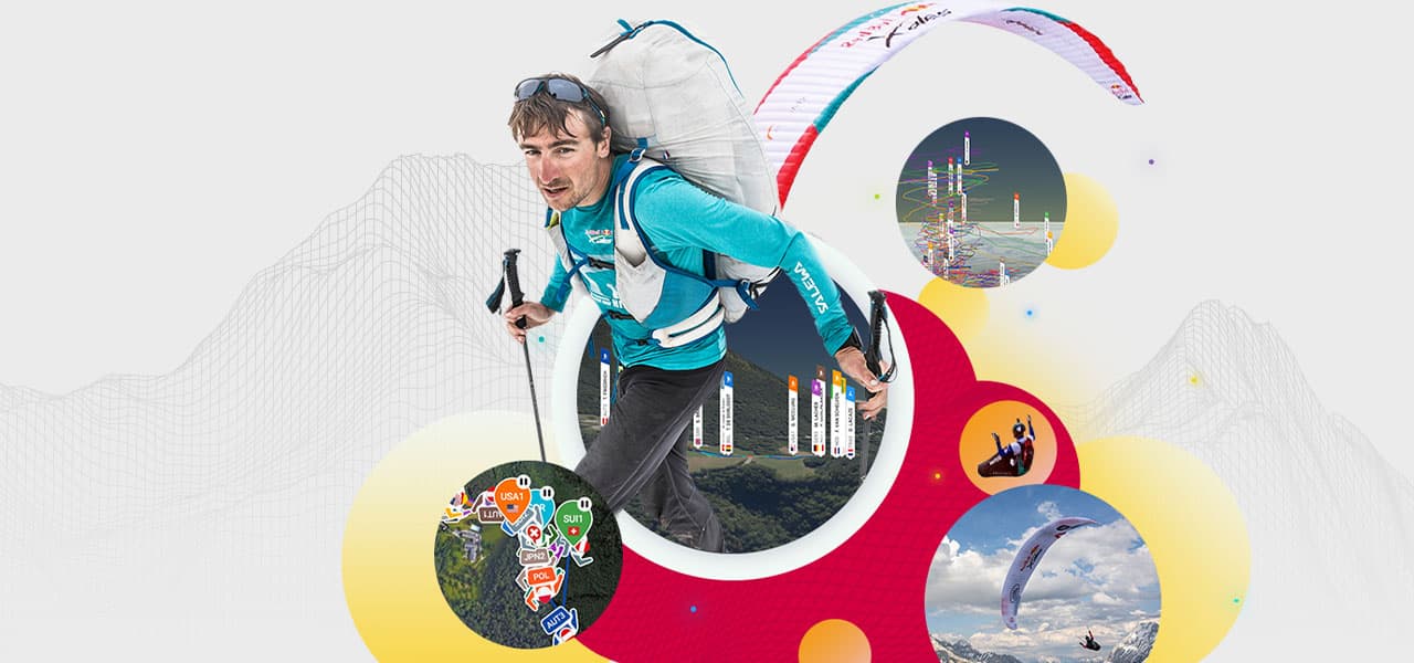 Athlète participant à la compétition Red Bull X-Alps, entouré de cartes 3D issues de l’application de suivi en direct