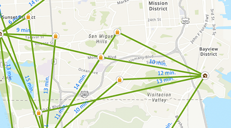 Plan des rues d’une zone de San Francisco avec plusieurs itinéraires mis en évidence en vert