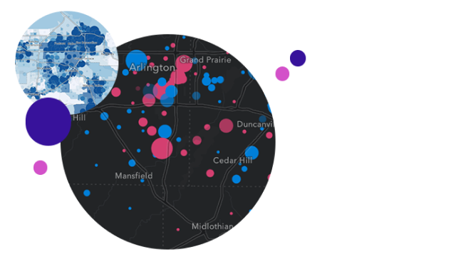 Carte gris foncé avec des points en bleu et rose recouverte d’une carte d’une zone ombrée en différents degrés de bleu entourée par d’autres éléments graphiques