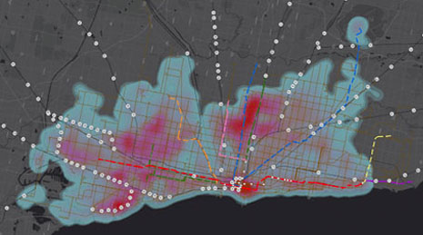Carte numérique en noir avec des points blancs dispersés et une partie des terrains en bleu
