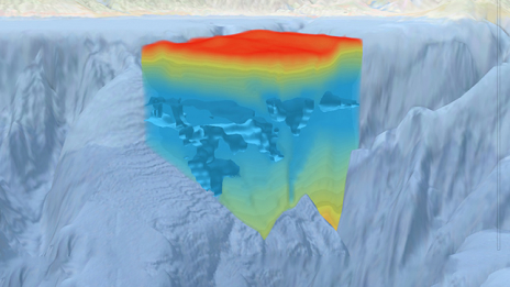Couche voxel en rouge, jaune et bleu entourée de gris représentant les niveaux d’oxygène sous la surface de la mer à Monterey Bay, Californie