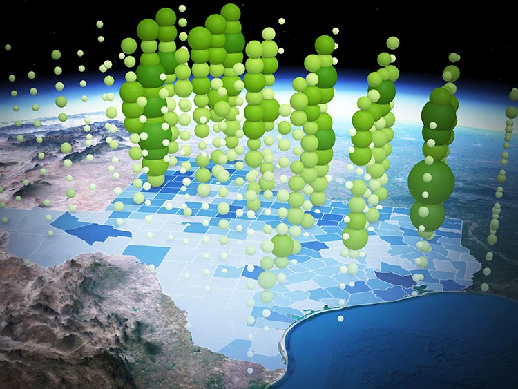 Cube espace-temps 3D montrant la fréquence des tornades par comté au Texas, conçu avec des outils géospatiaux dans ArcGIS Pro