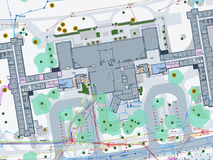 Carte de l’intérieur d’un immeuble de bureaux montrant les pièces et le réseau de distribution de gaz et d’électricité