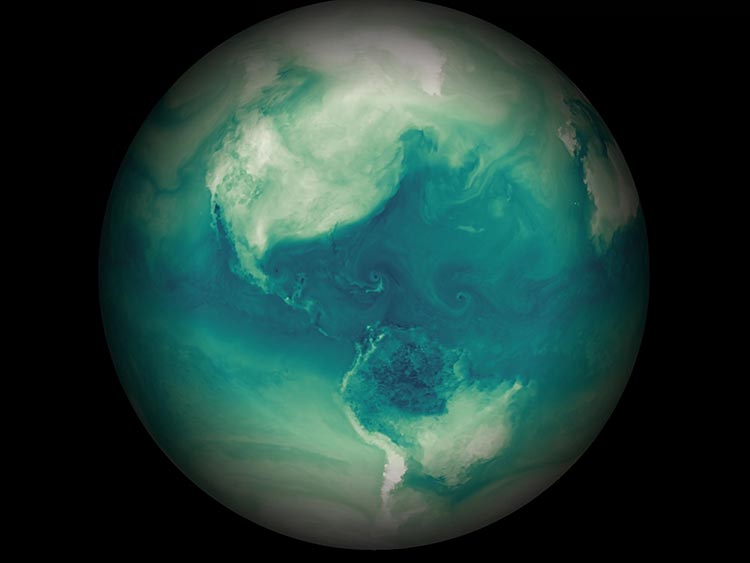 Carte numérique du globe réalisée avec ArcGIS Pro, montrant des images d’ouragans actifs dans l’océan Atlantique