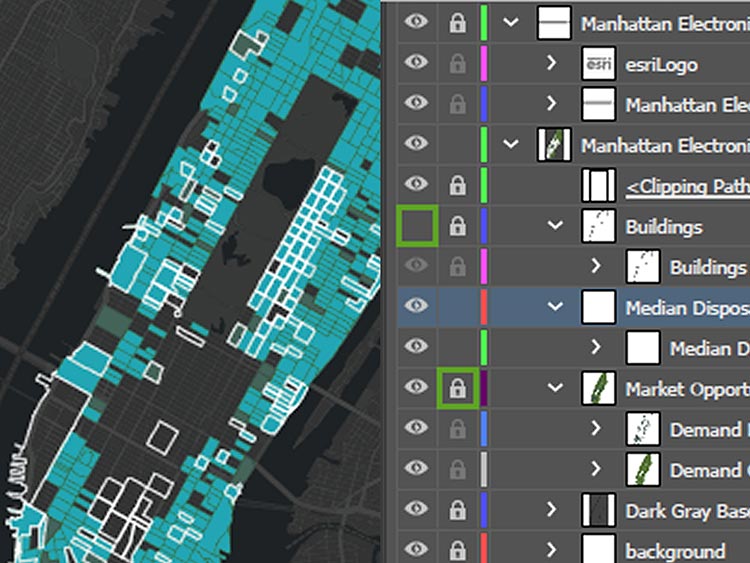 Carte numérique de Manhattan avec un panneau Calques d’Adobe Illustrator affiché à côté