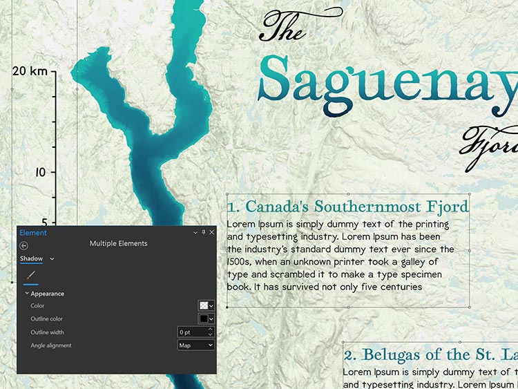 Mise en page cartographique du fjord du Saguenay au Canada avec des superpositions de texte créées à l’aide d’outils cartographiques dans le logiciel SIG ArcGIS Pro