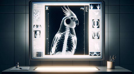 Salle technique plongée dans l’obscurité avec un caisson lumineux affichant une image radiographique d’un oiseau 