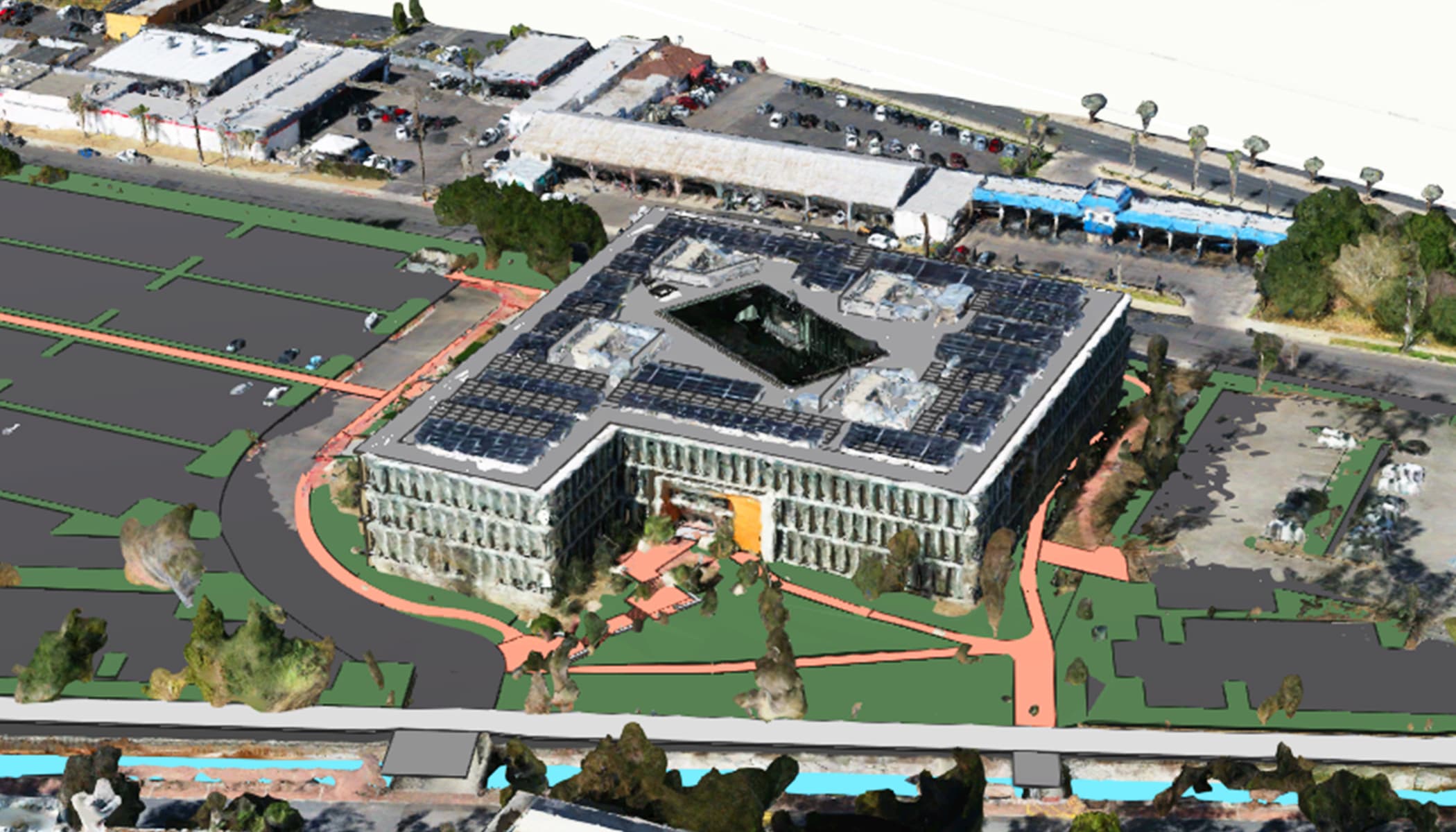 Rendu 3D détaillé d’un grand complexe de bureaux