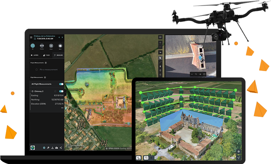 Ordinateur portable analysant les images d’un chateau prises par un drone et un iPad montrant le circuit de vol d’un drone autour d’un chateau