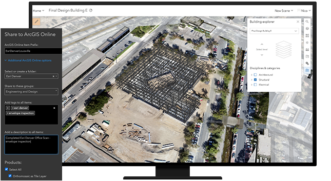 Écran de bureau d’un projet de chantier de construction avec un modèle et des options BIM pour le partage avec ArcGIS dans une barre latérale 