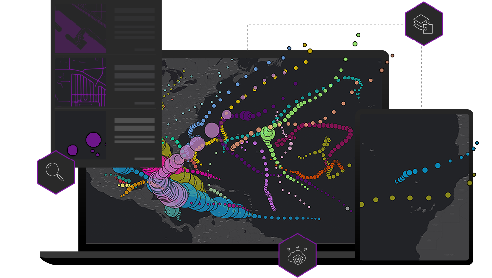 Carte de l'Amérique du Nord sur un écran d'ordinateur portable et une tablette avec des points multicolores dispersés et une icône de nuage et de loupe