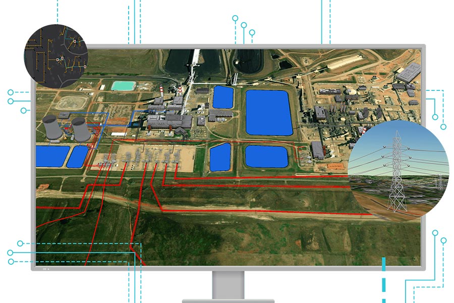 Écran d’ordinateur montrant une image 3D d’un vaste réseau, d’eau et de lignes rouges représentant une installation de distribution d’eau