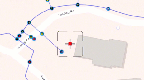 Carte de zone simple montrant des points de repère correspondant aux services de gaz/électricité le long d’un itinéraire routier local