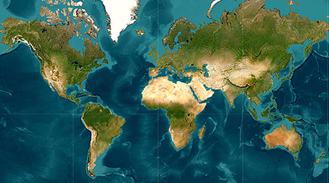 Carte des continents de la Terre réalisée par imagerie satellite en vert et beige réalistes avec des océans en bleu-vert