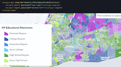 Carte de la ville de New York montrant les niveaux d’éducation par région, codés par couleur