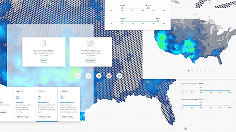 Image composite avec une carte stylisée des États-Unis, recouverte d’une carte de densité en bleu et vert et plusieurs petites fenêtres contextuelles avec des statistiques météorologiques et des avertissements