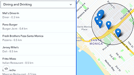 Capture d’écran avec une liste de restaurants de la zone sur la gauche et un plan de ville parsemé de points cartographiques correspondants sur la droite