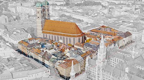 Vue aérienne d’un maillage 3D de la cathédrale Frauenkirche de Munich, en Allemagne, sur fond de paysage urbain en niveaux de gris