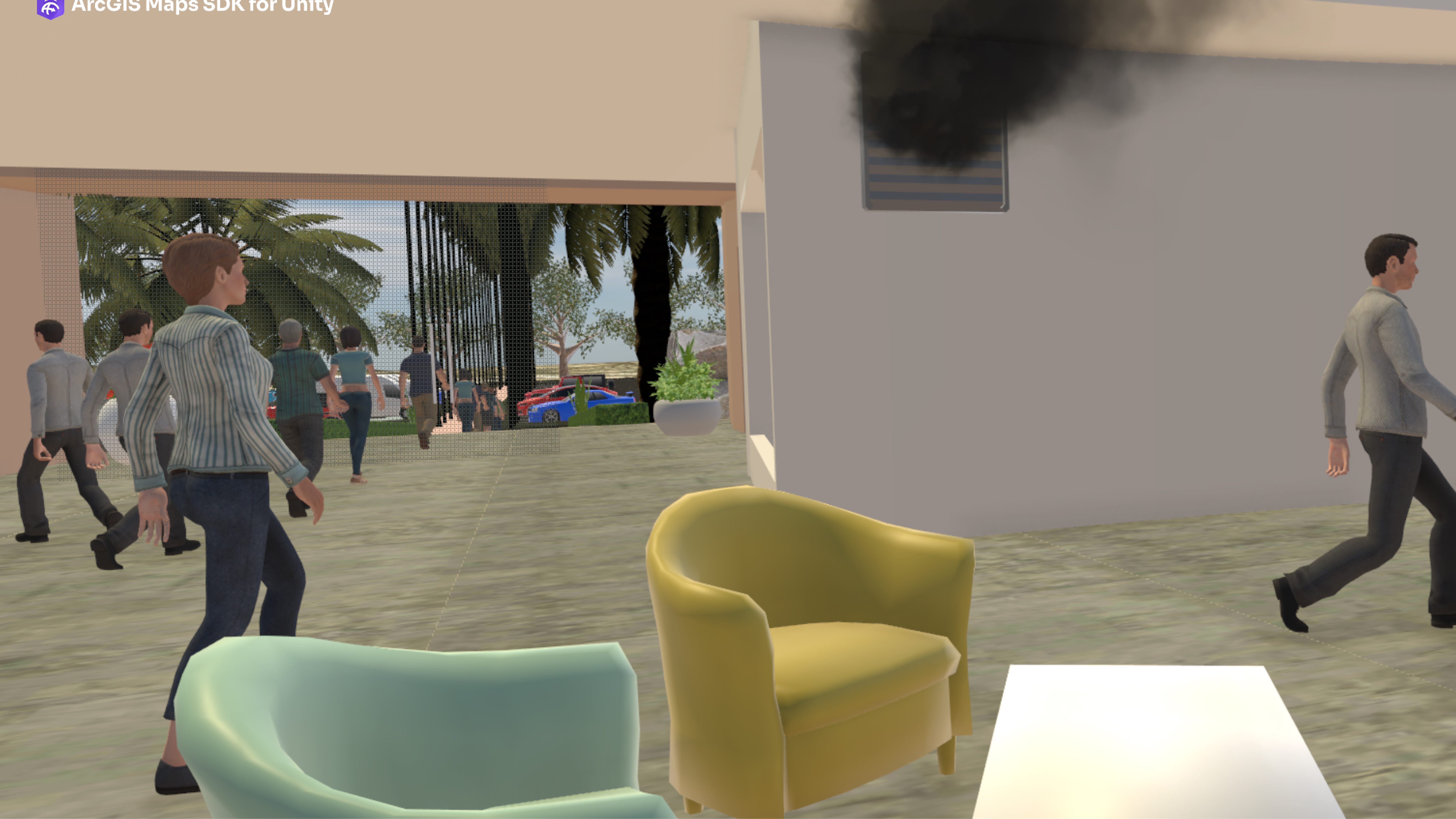 Rendu 3D d’un séjour avec deux fauteuils, une table et des gens avec paysage tropical au fond  