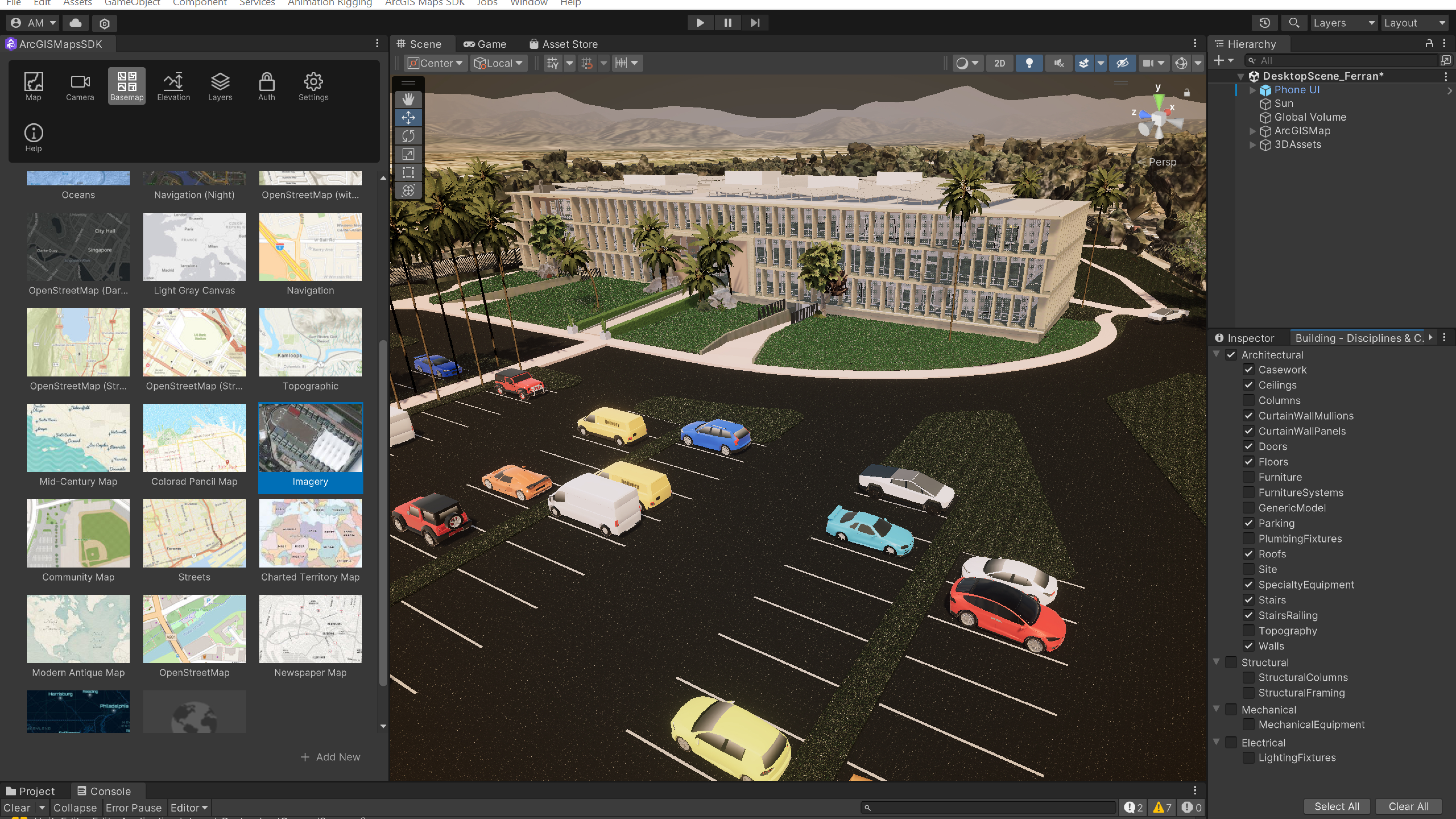 Modèle 3D d’un immeuble avec parking et voitures dans un moteur de jeu avec du texte et des images en encart