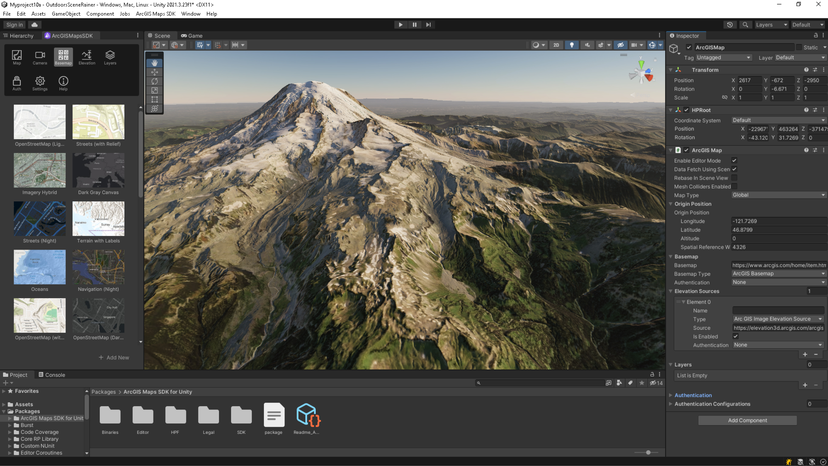 Rendu 3D d’une chaîne de montagnes dans un moteur de jeu avec vue détaillée de l’interface pour ArcGIS Maps SDK for Unreal Engine