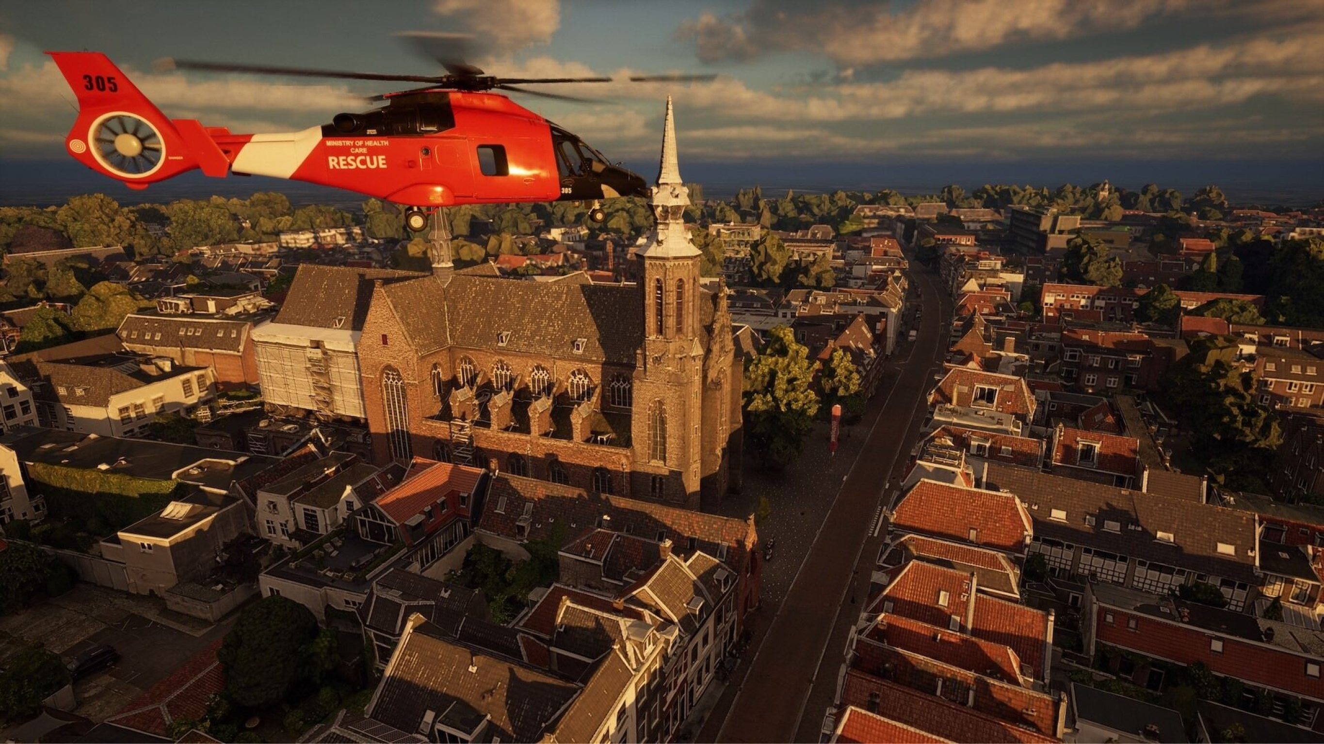 Ville européenne avec bâtiments anciens et rues pavées et hélicoptère rouge et noir dans le ciel