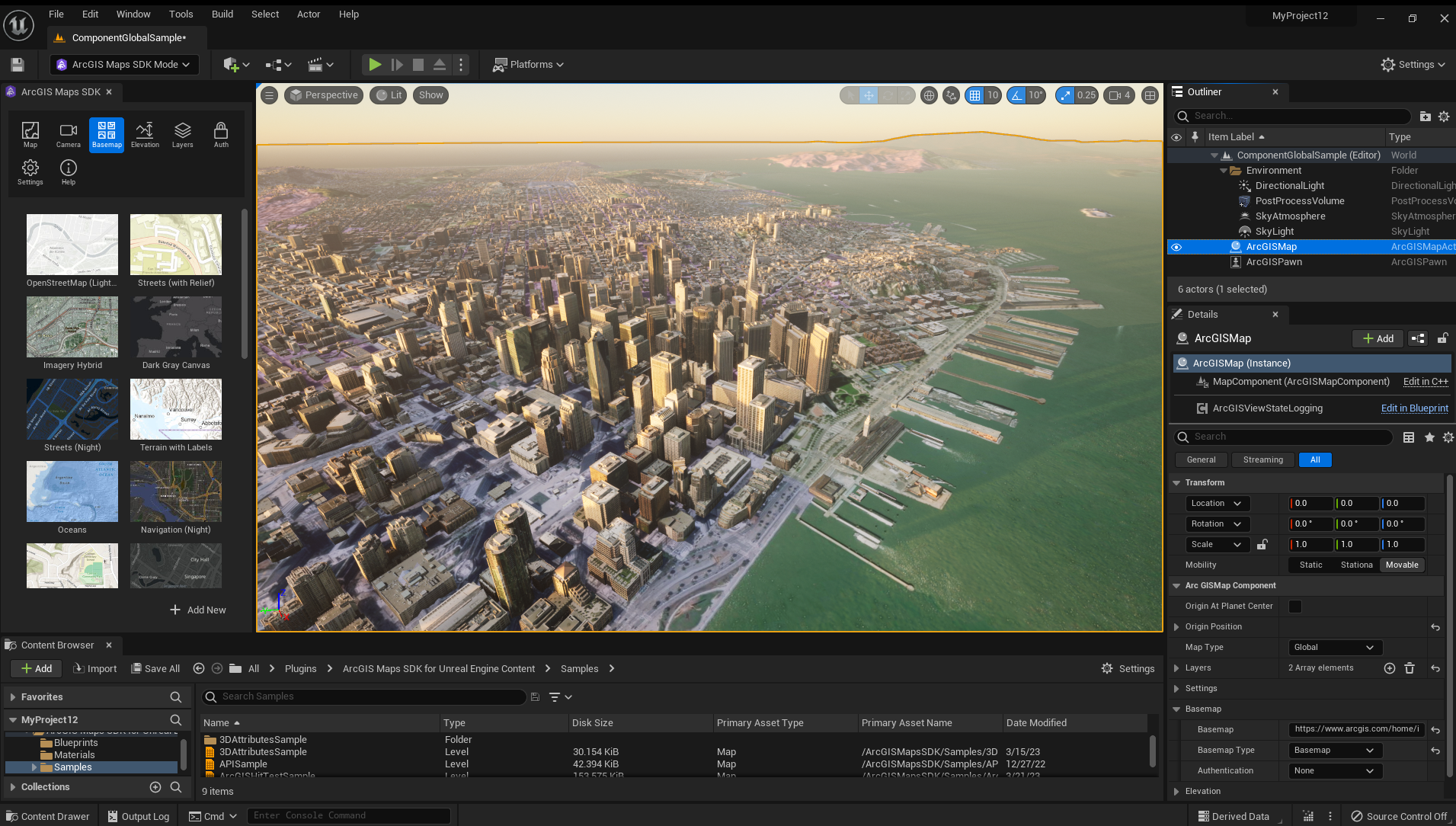 Capture d’écran de l’interface Unreal Engine présentant un modèle réaliste d’une ville, entouré de fenêtres de menus et de barres d’outils