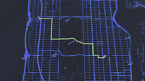 Carte noire avec un quadrillage violet lumineux et une ligne verte représentant un itinéraire possible entre deux points