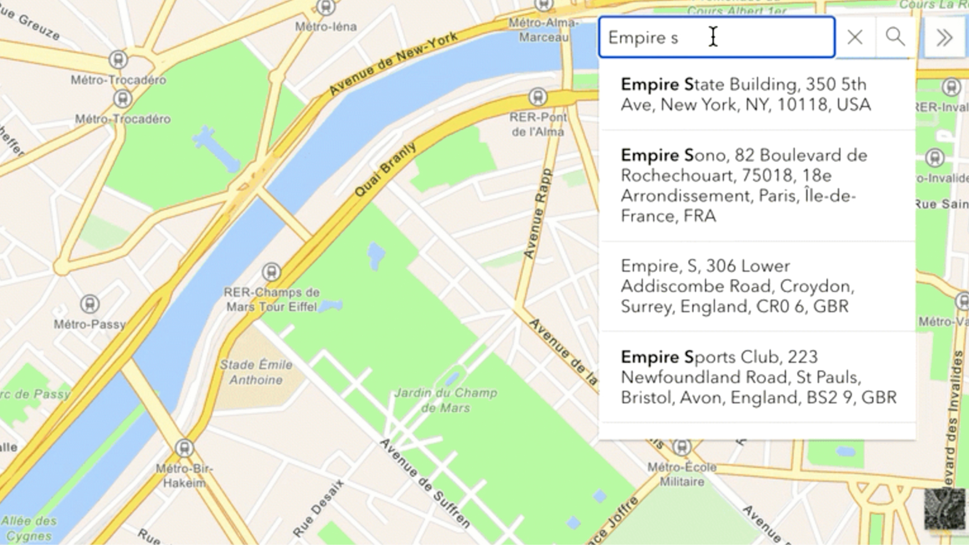 Carte beige avec des zones en vert et le nom des routes en noir, avec un encart de recherche