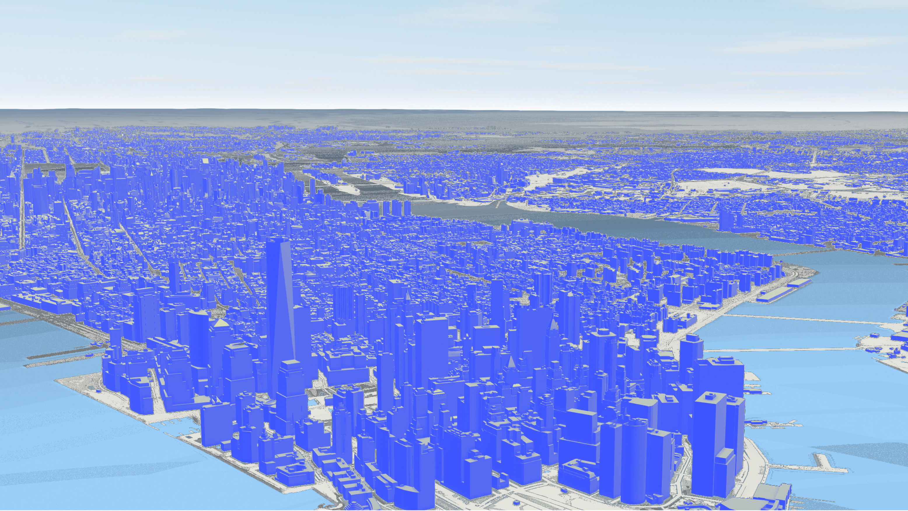 Visualisation 3D d’un paysage urbain avec de hauts bâtiments en violet et l’océan en bleu à proximité