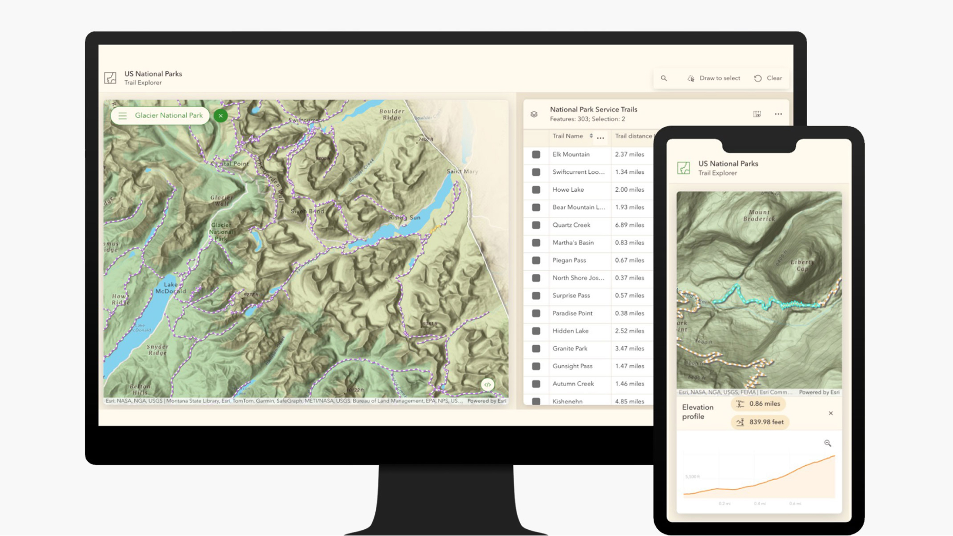 Une application de cartographique SIG affichée sur l’écran d’un ordinateur et d’un appareil mobile présentant des montagnes, un paysage verdoyant et des rivières