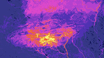 Image générée par ordinateur d'un terrain, avec des couleurs violettes et oranges.