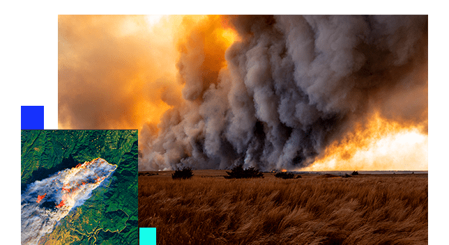 Vaste incendie dans un champ formant un épais nuage de fumées grises et image aérienne d’un feu de forêt avec flammes orange et fumée