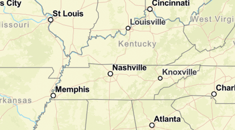 Carte du Tennessee, Kentucky, Georgia