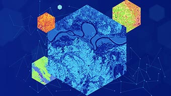 Graphique avec quatre cartes colorées dans des hexagones sur un fond bleu constitué de formes géométriques