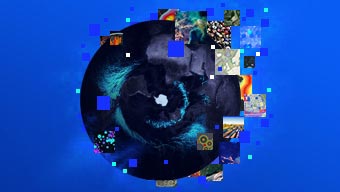Image abstraite d’un cercle noir sur un arrière-plan bleu avec des extraits de cartes et d’images numériques