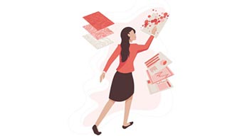Illustration d’une femme touchant une carte et des extraits de diagrammes et données autour d’elle