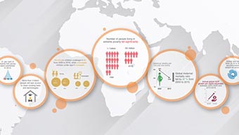 Carte mondiale grise avec des cercles et des données à l’intérieur représentant les objectifs de développement durable des Nations Unies