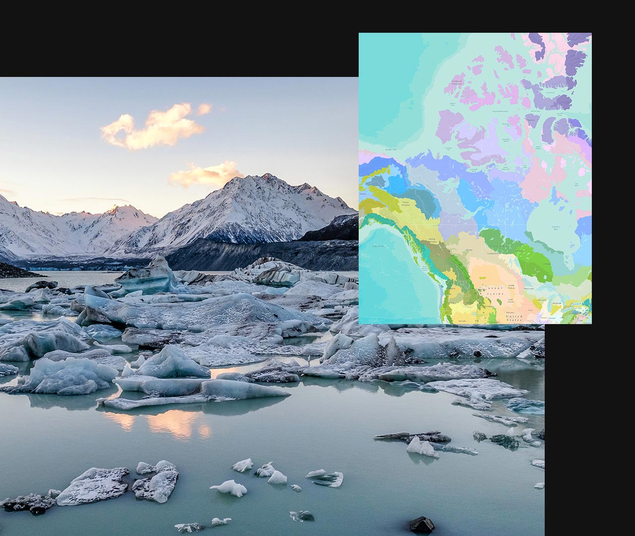Grande image de montagnes recouvertes de neige et de glaciers dans l’eau avec une carte multicolore en encart représentant l’eau et la terre