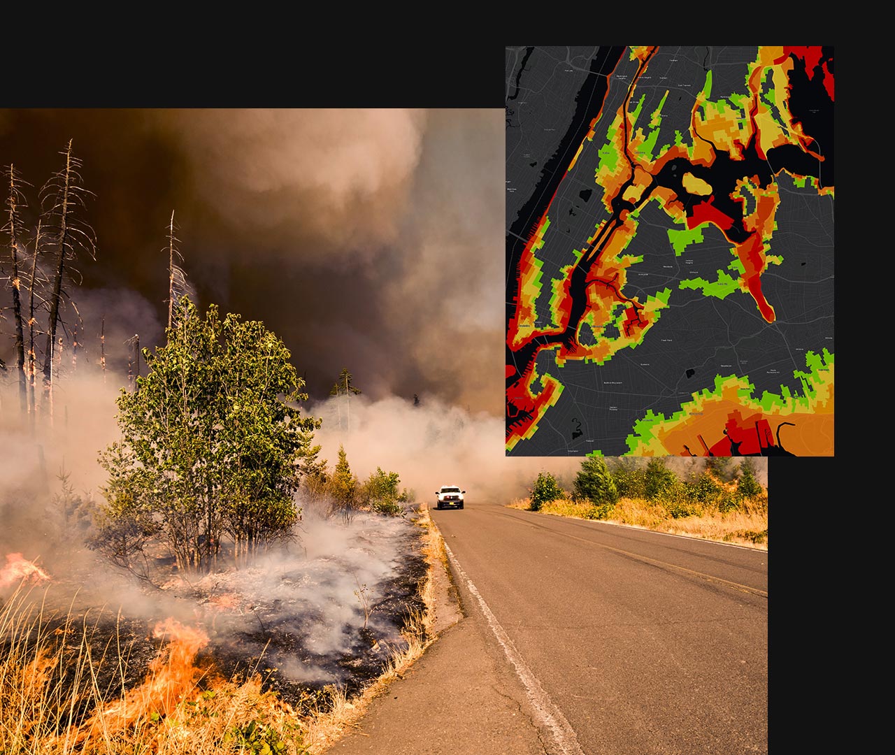 Incendie dans une forêt avec un véhicule de secours blanc sur la route transversale à côté d’une image en encart d’une carte numérique grise