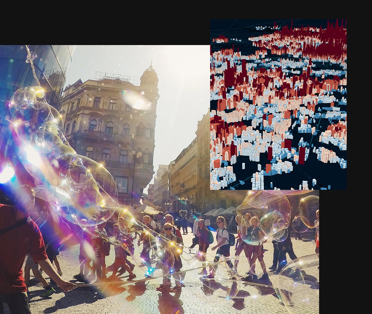 Bâtiments dans une zone urbaine avec une foule de gens marchant dans la rue à côté d’une image en encart d’un paysage urbain numérique en 3D